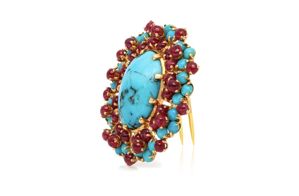 Vintage 1940s Retro Turquoise Brooch with Rubies