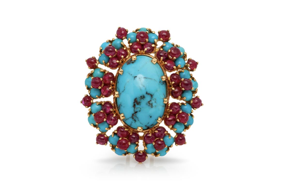Vintage 1940s Retro Turquoise Brooch with Rubies