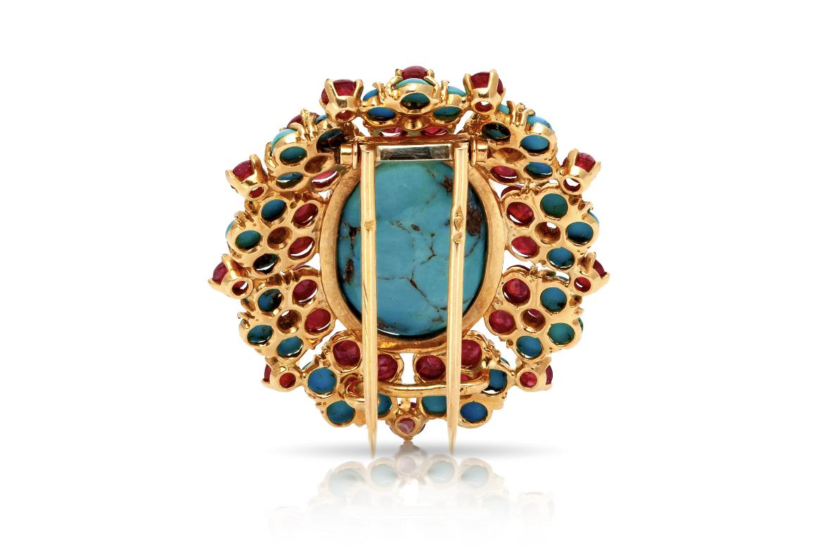 Vintage 1940s Retro Turquoise Brooch with Rubies