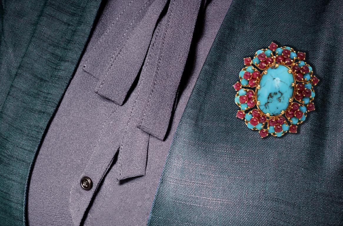 Vintage 1940s Retro Turquoise Brooch with Rubies