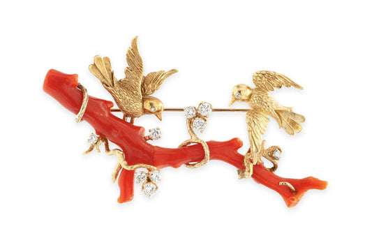 Vintage 1940s Retro Coral Birds on a Branch Brooch with Diamonds