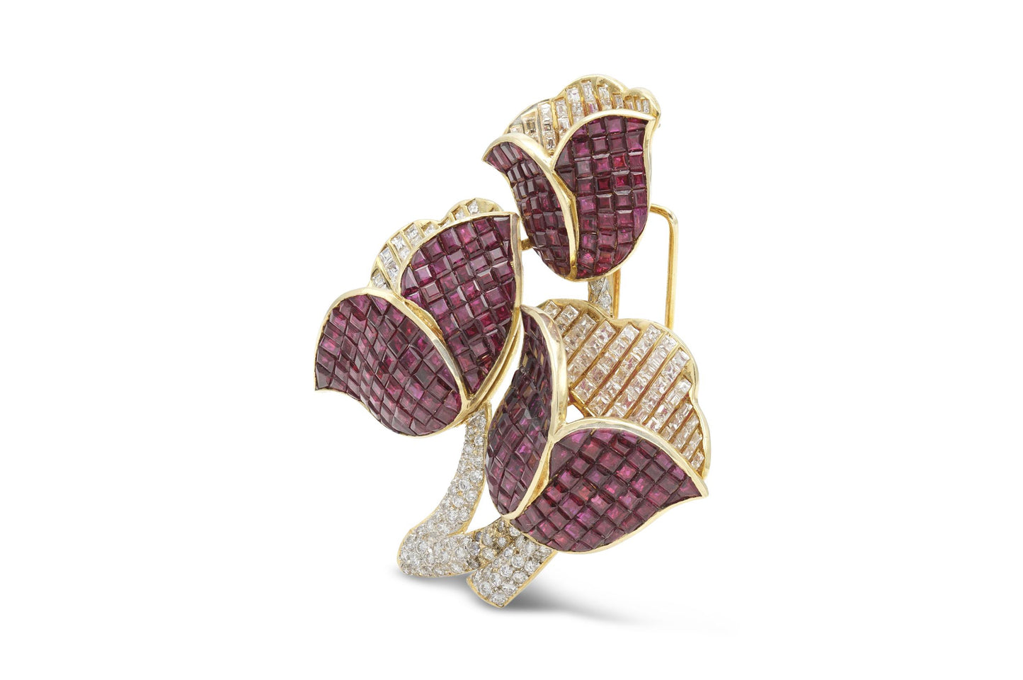Vintage 1960s 13.00 Carat Ruby and 10.00 Carat Diamond Tulips Brooch