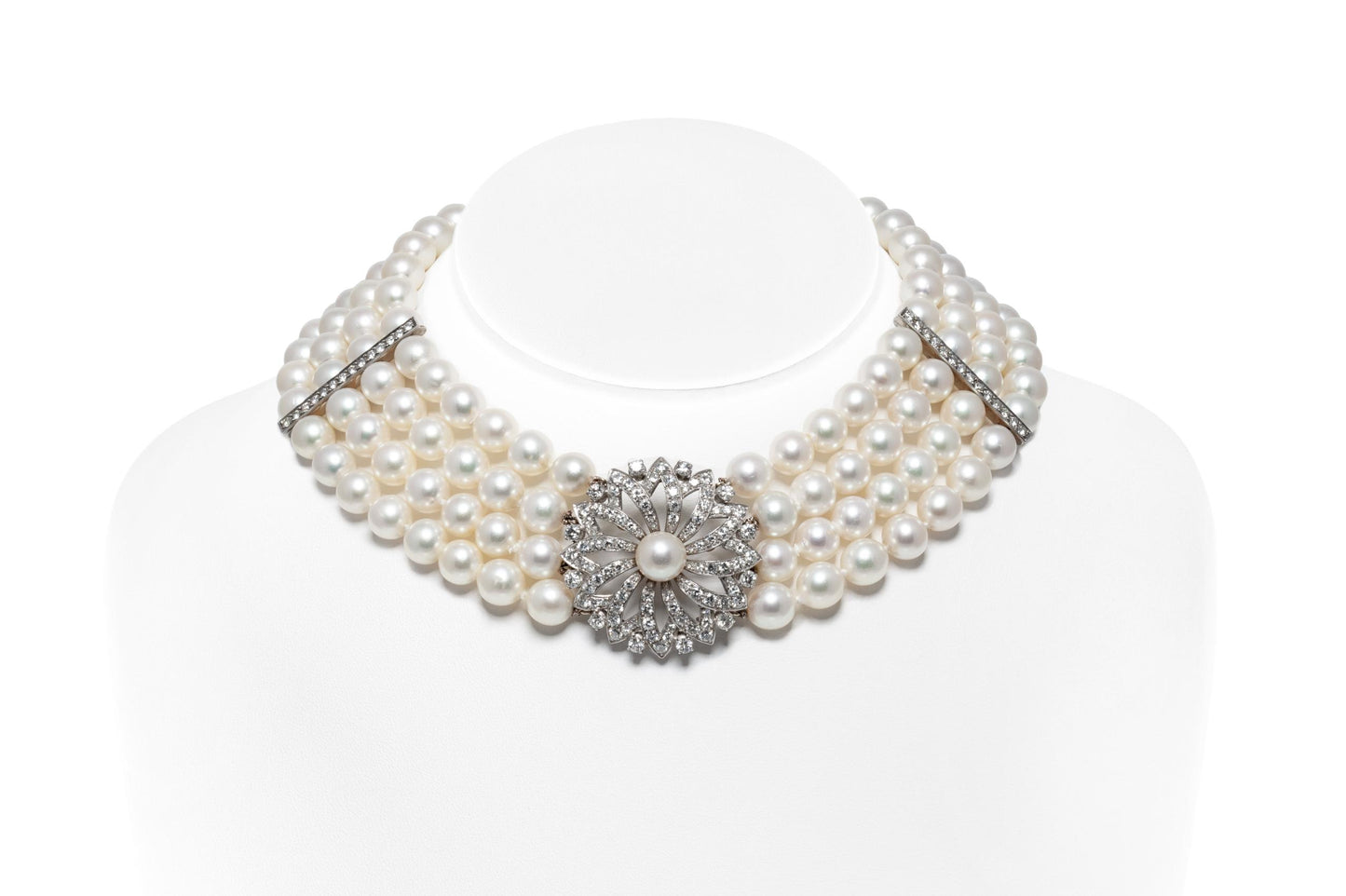 Vintage 1950s 4 Strand Akoya Pearl Necklace with Diamonds
