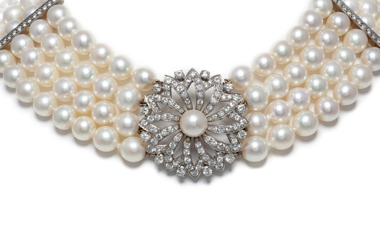 Vintage 1950s 4 Strand Akoya Pearl Necklace with Diamonds