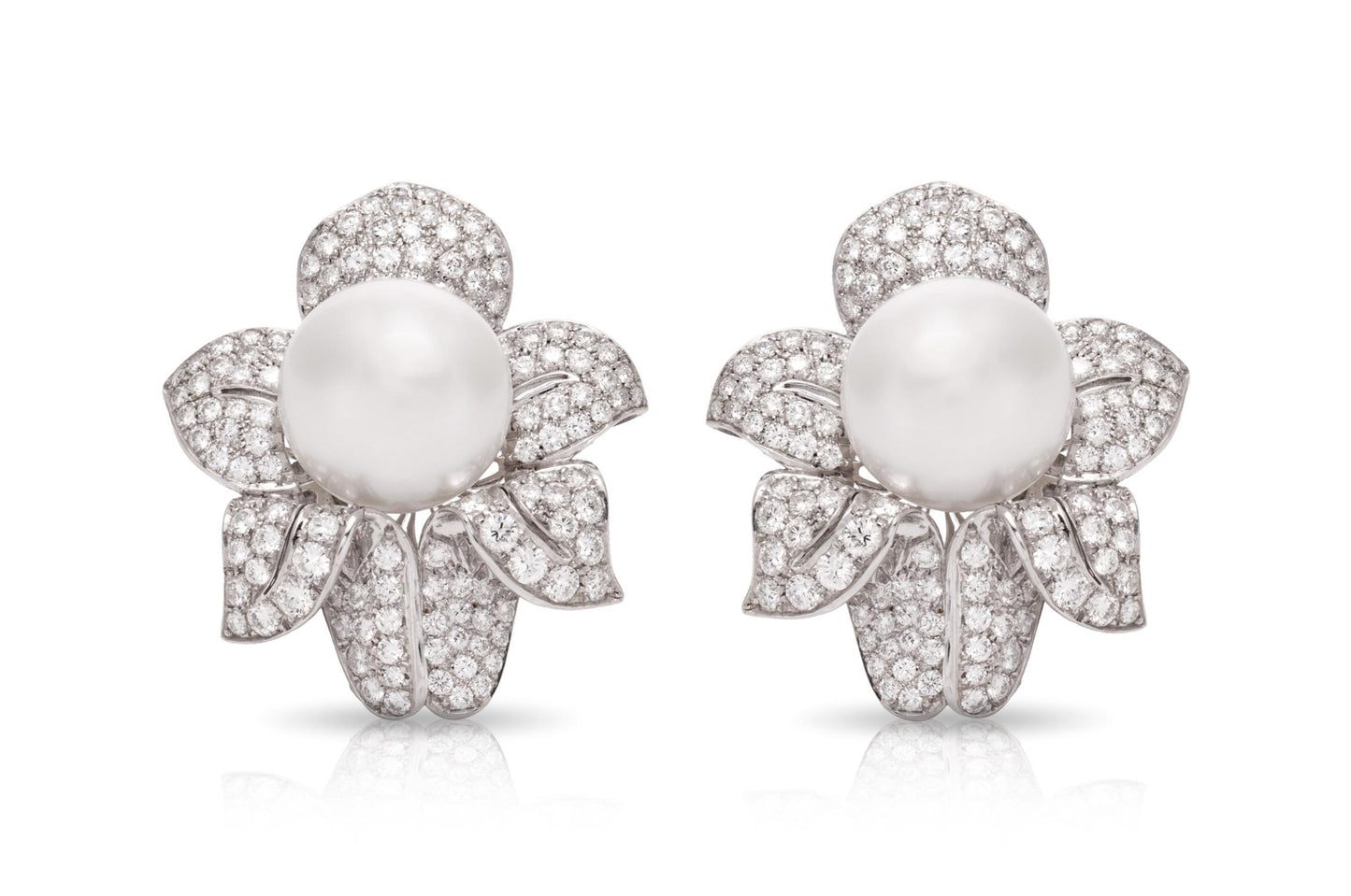 Vintage 1950s Pearl and 13.50 Carat Diamond Flower Earrings