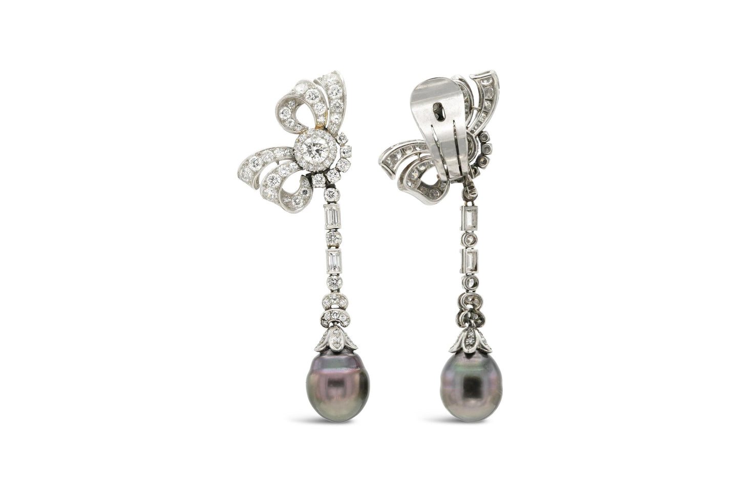 Vintage 1950s Tahitian Pearl and 4.70 Carat Diamond Bow Dangle Earrings