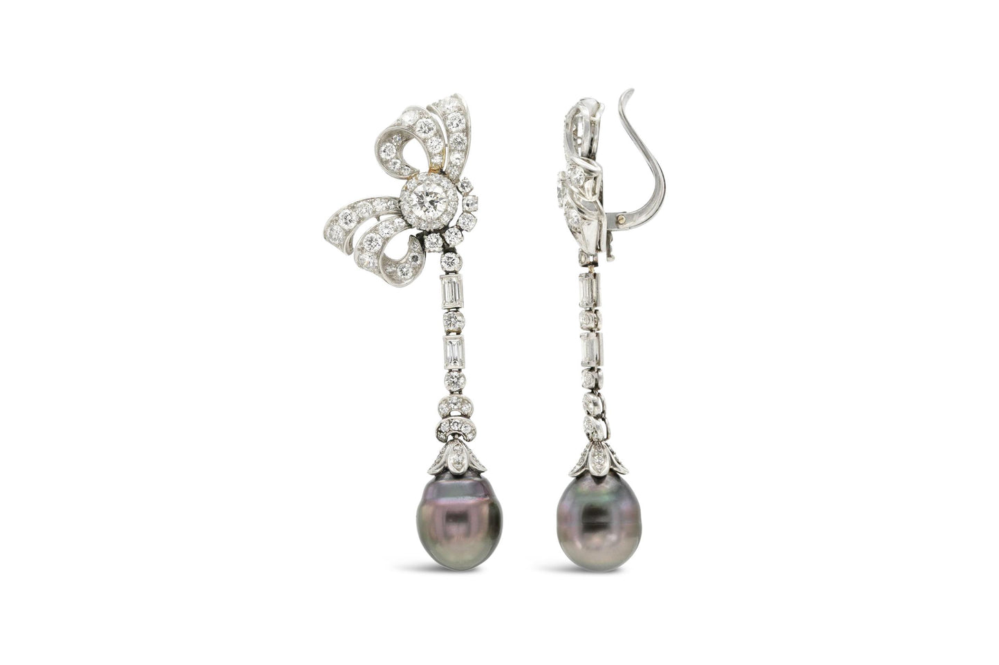 Vintage 1950s Tahitian Pearl and 4.70 Carat Diamond Bow Dangle Earrings