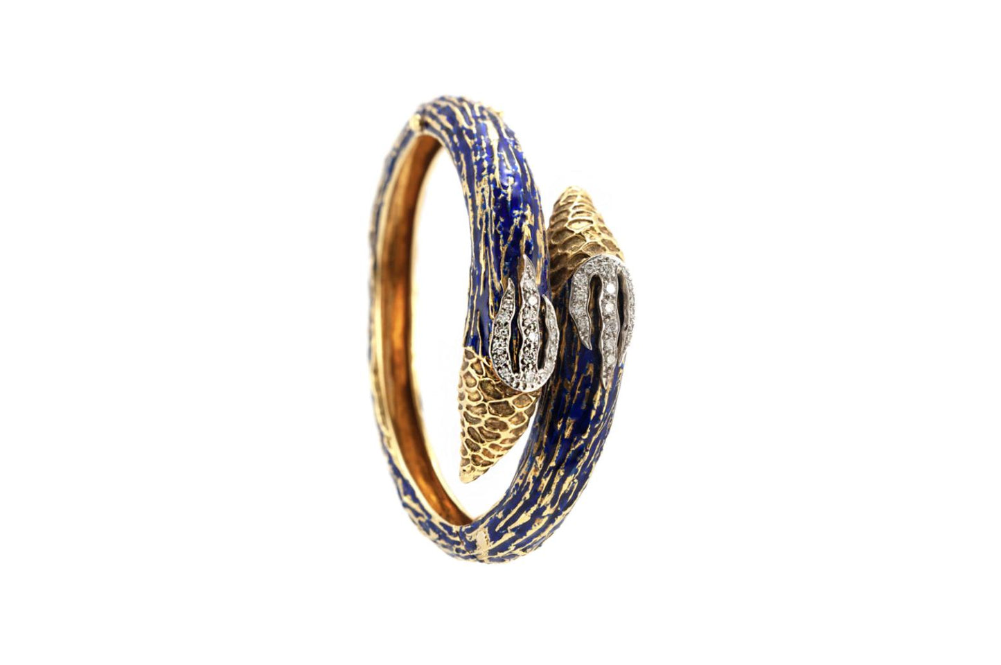Vintage 1970s Enamel Bypass Hinged Bangle with Diamonds