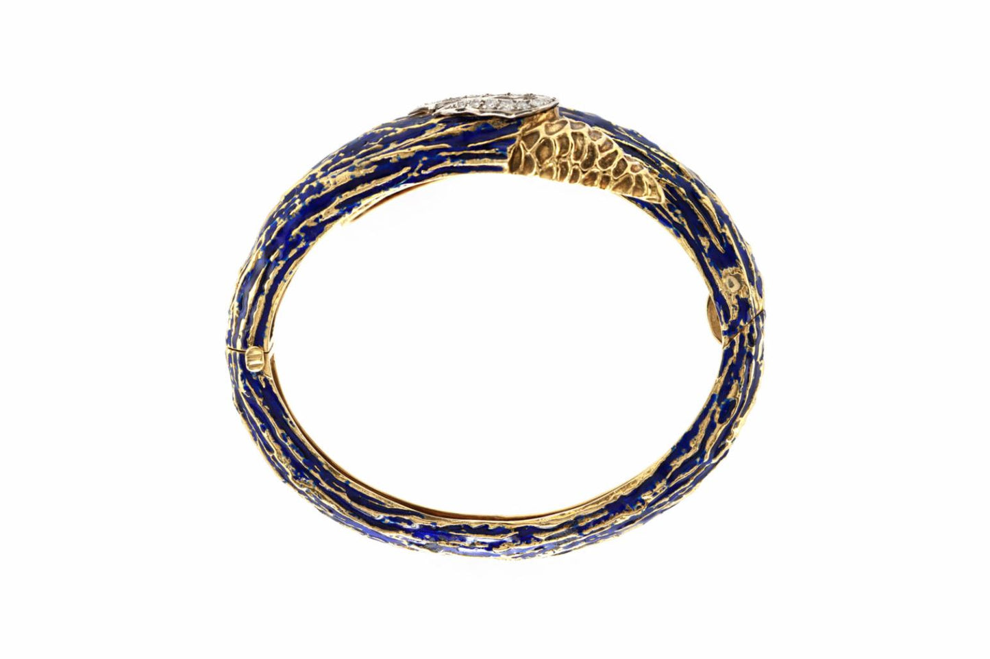 Vintage 1970s Enamel Bypass Hinged Bangle with Diamonds