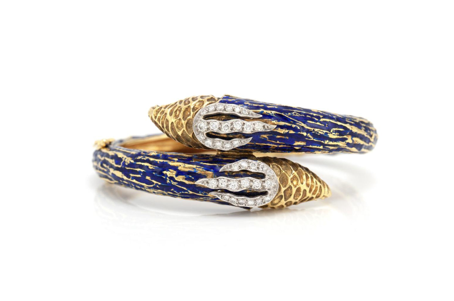 Vintage 1970s Enamel Bypass Hinged Bangle with Diamonds