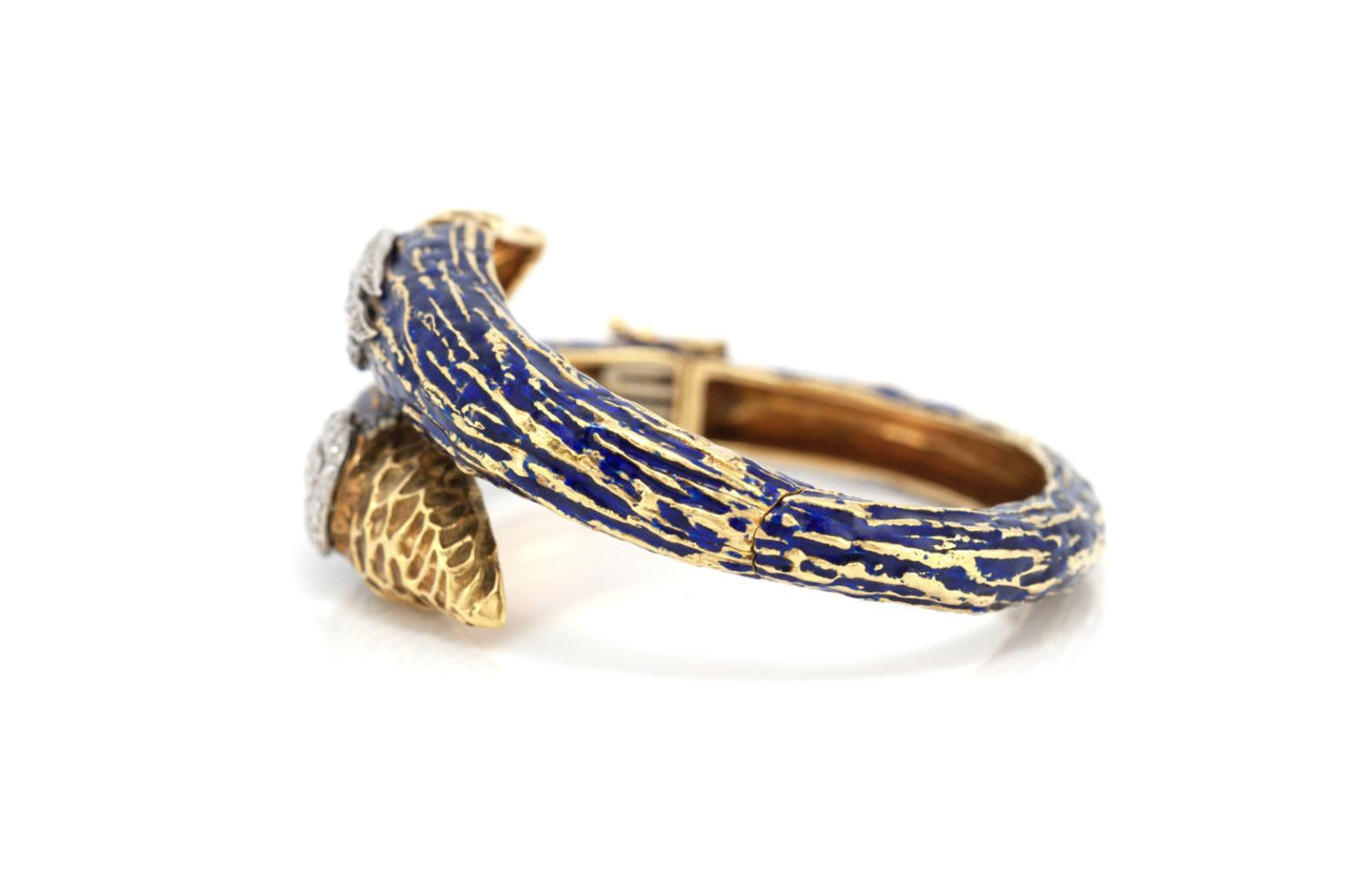Vintage 1970s Enamel Bypass Hinged Bangle with Diamonds