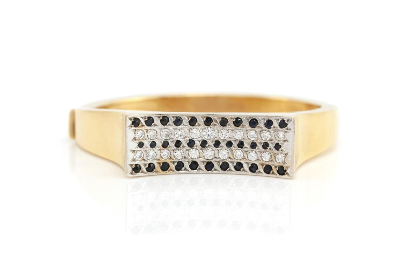 Vintage 1980s Gold Hinged Bangle with Diamonds and Sapphires