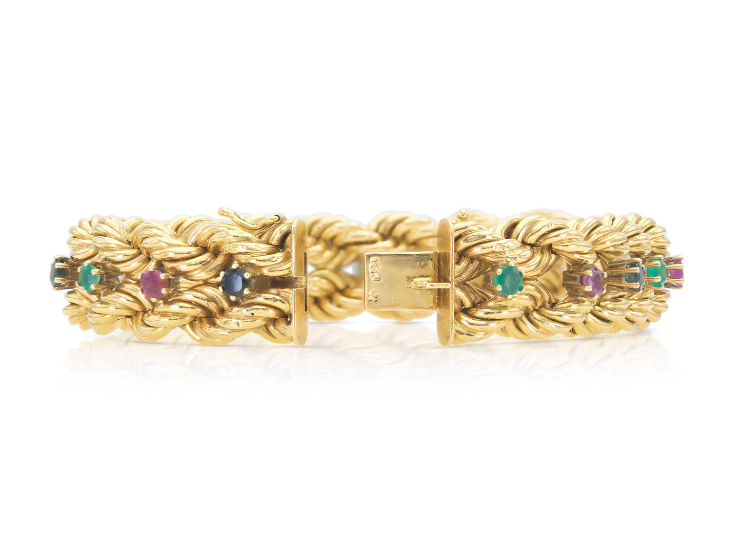 Vintage 1960s Gold Braided Bracelet with Emeralds, Sapphires, and Rubies