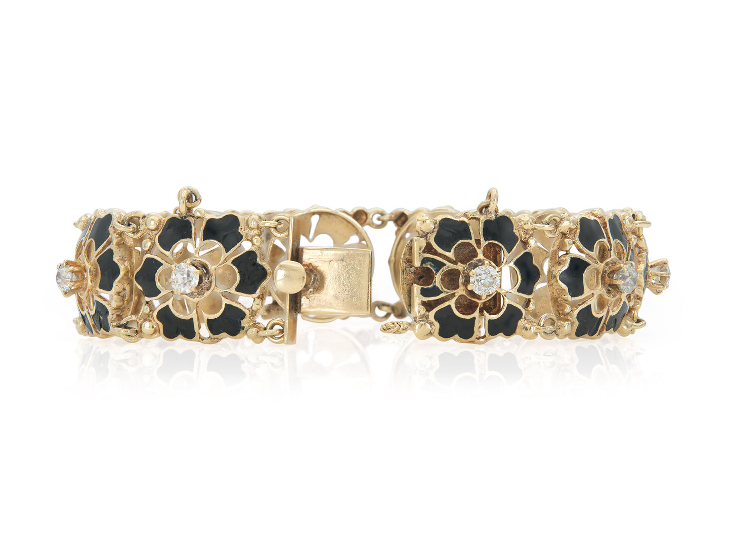 Antique Victorian Enamel and Diamond Flowers Bracelet