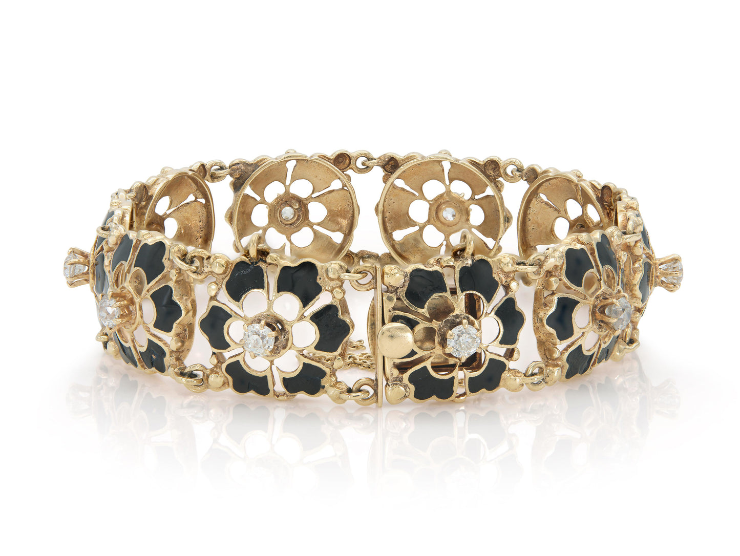 Antique Victorian Enamel and Diamond Flowers Bracelet