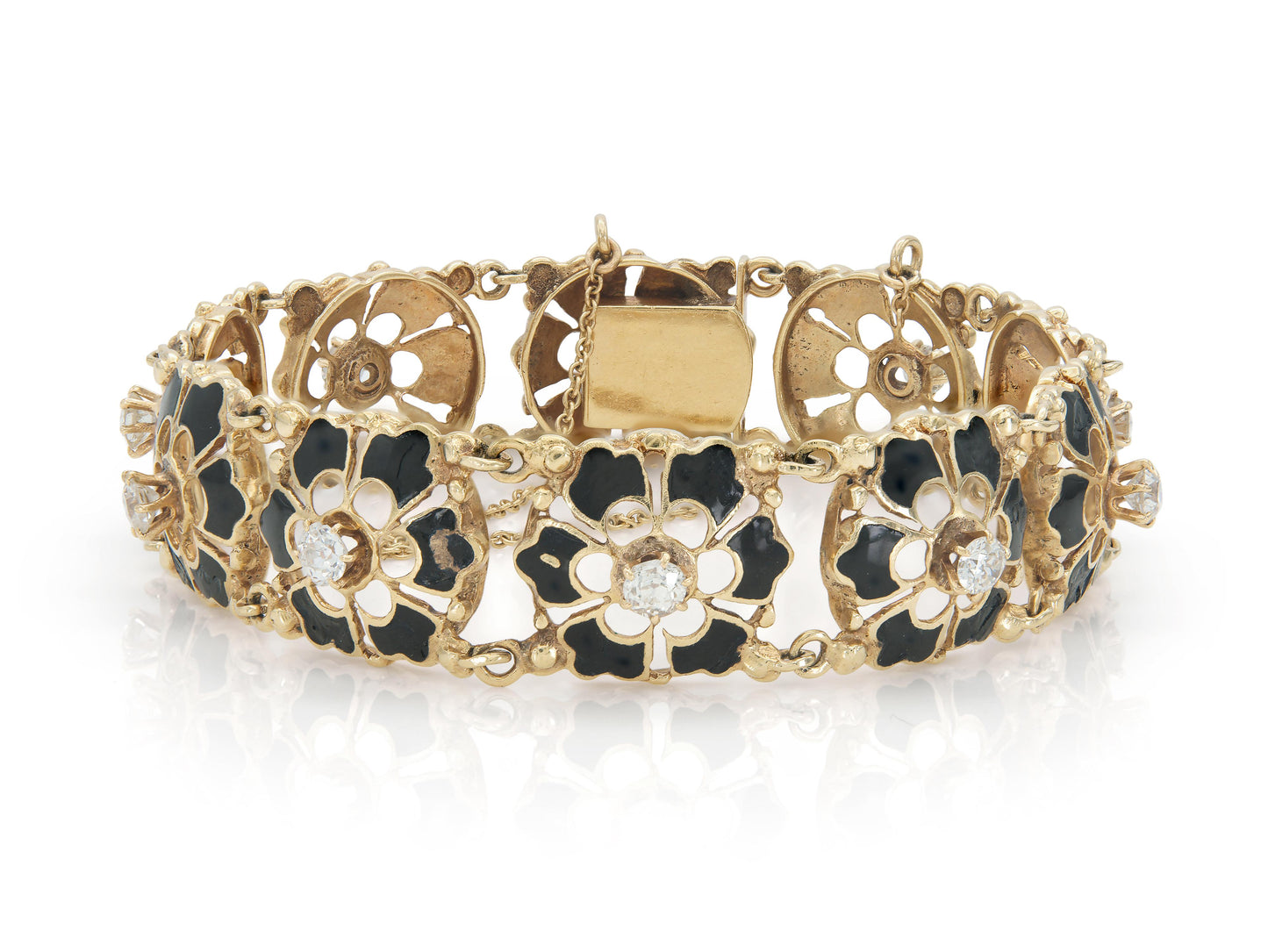 Antique Victorian Enamel and Diamond Flowers Bracelet