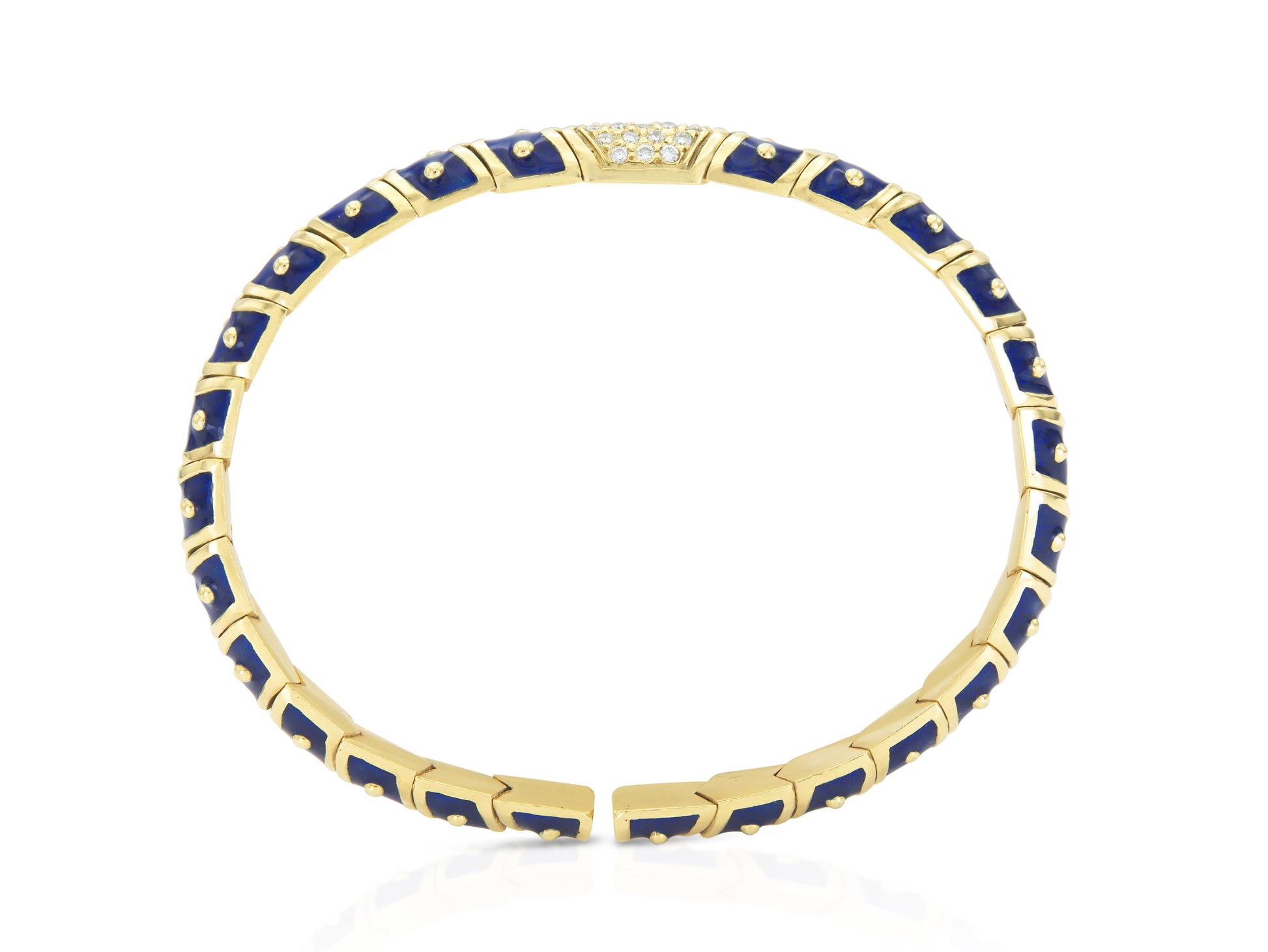 Vintage 1990s Hidalgo Blue Enamel Flexible Cuff Bracelet with Diamonds