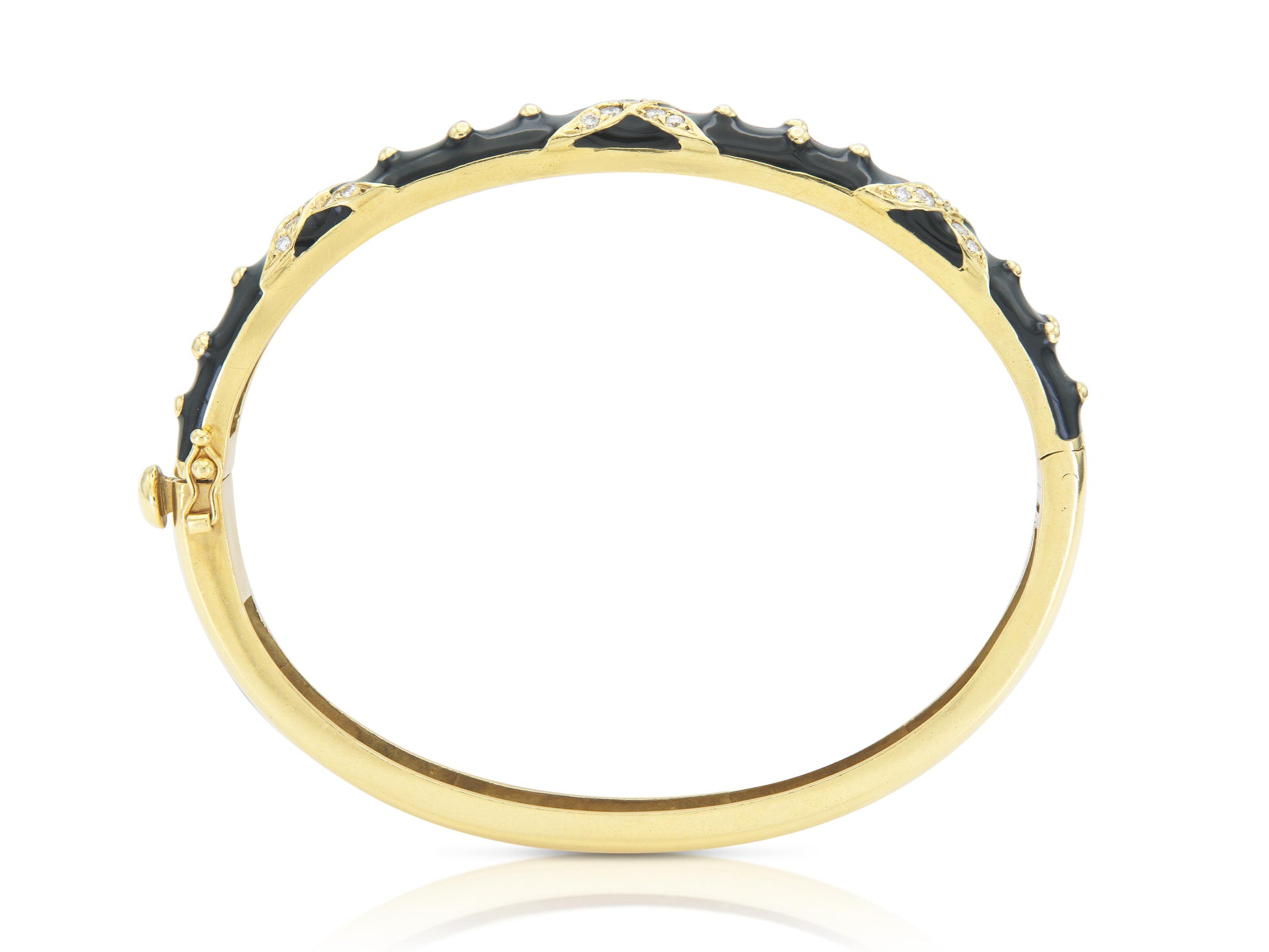 Vintage 1990s Hidalgo Black Enamel Hinged Bangle Bracelet with Diamonds