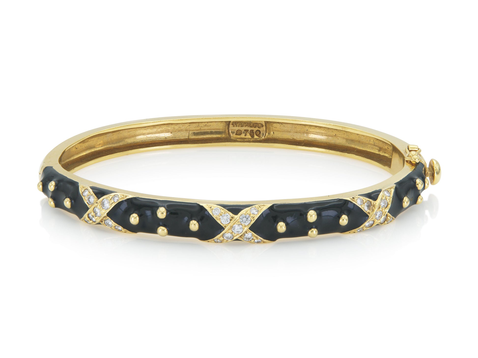 Vintage 1990s Hidalgo Black Enamel Hinged Bangle Bracelet with Diamonds