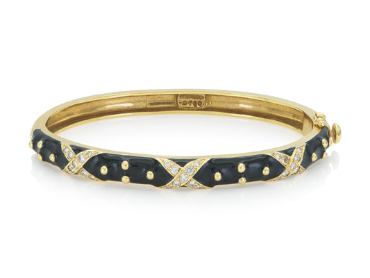 Vintage 1990s Hidalgo Black Enamel Hinged Bangle Bracelet with Diamonds