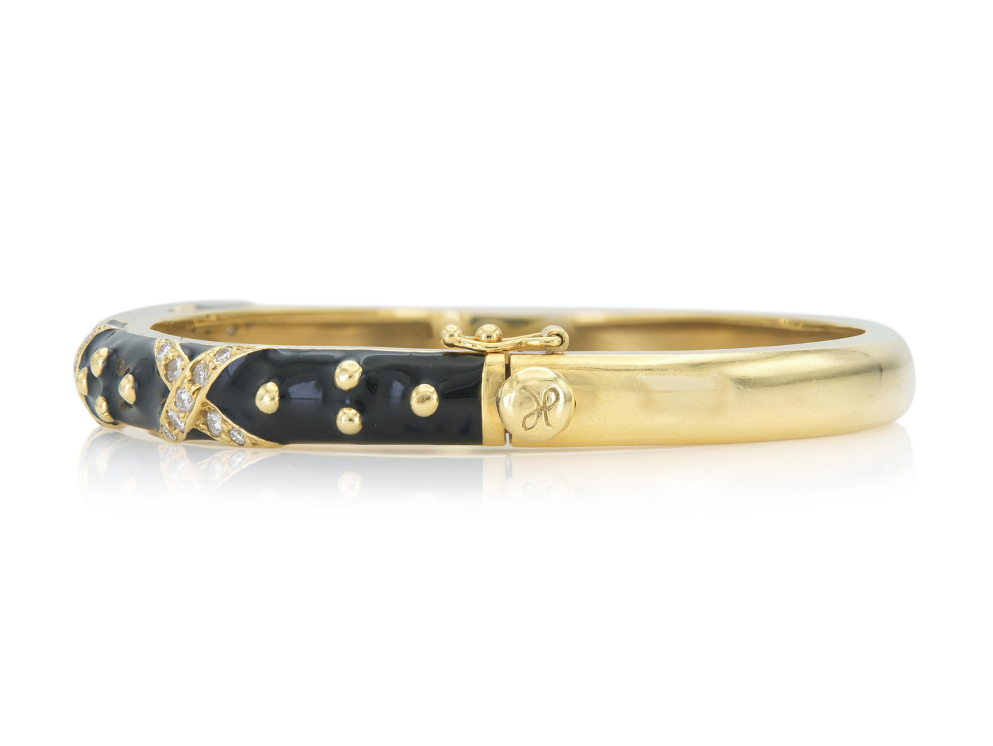 Vintage 1990s Hidalgo Black Enamel Hinged Bangle Bracelet with Diamonds
