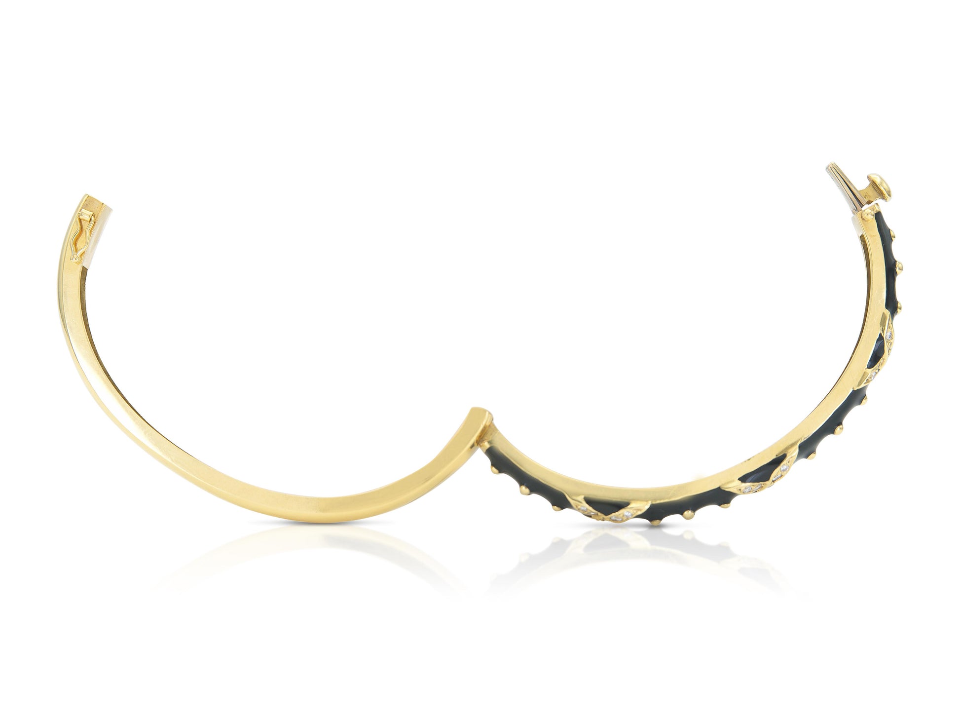 Vintage 1990s Hidalgo Black Enamel Hinged Bangle Bracelet with Diamonds