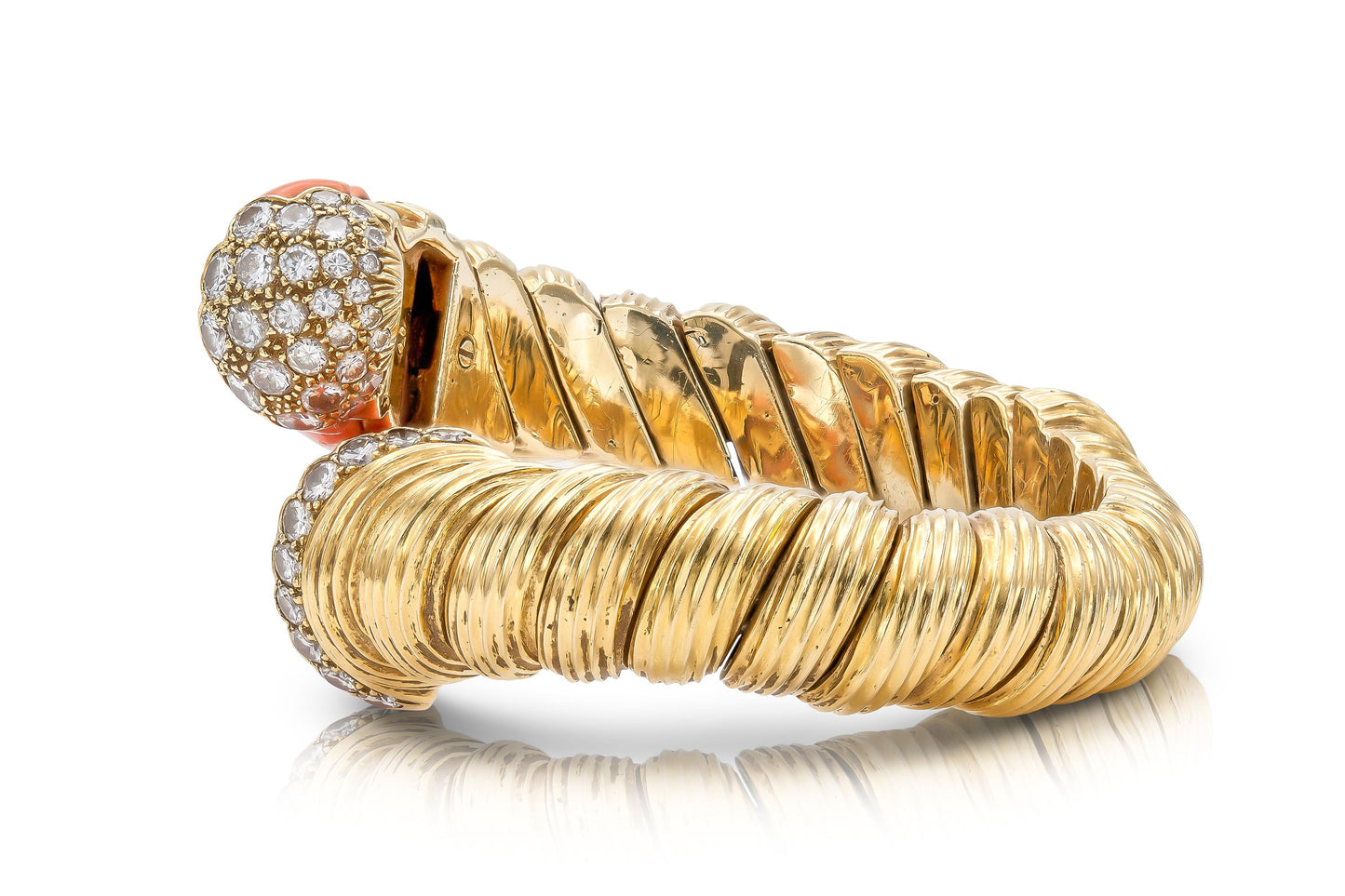 Vintage 1960s David Webb Carved Coral Diamonds and Gold Bypass Cuff Bracelet