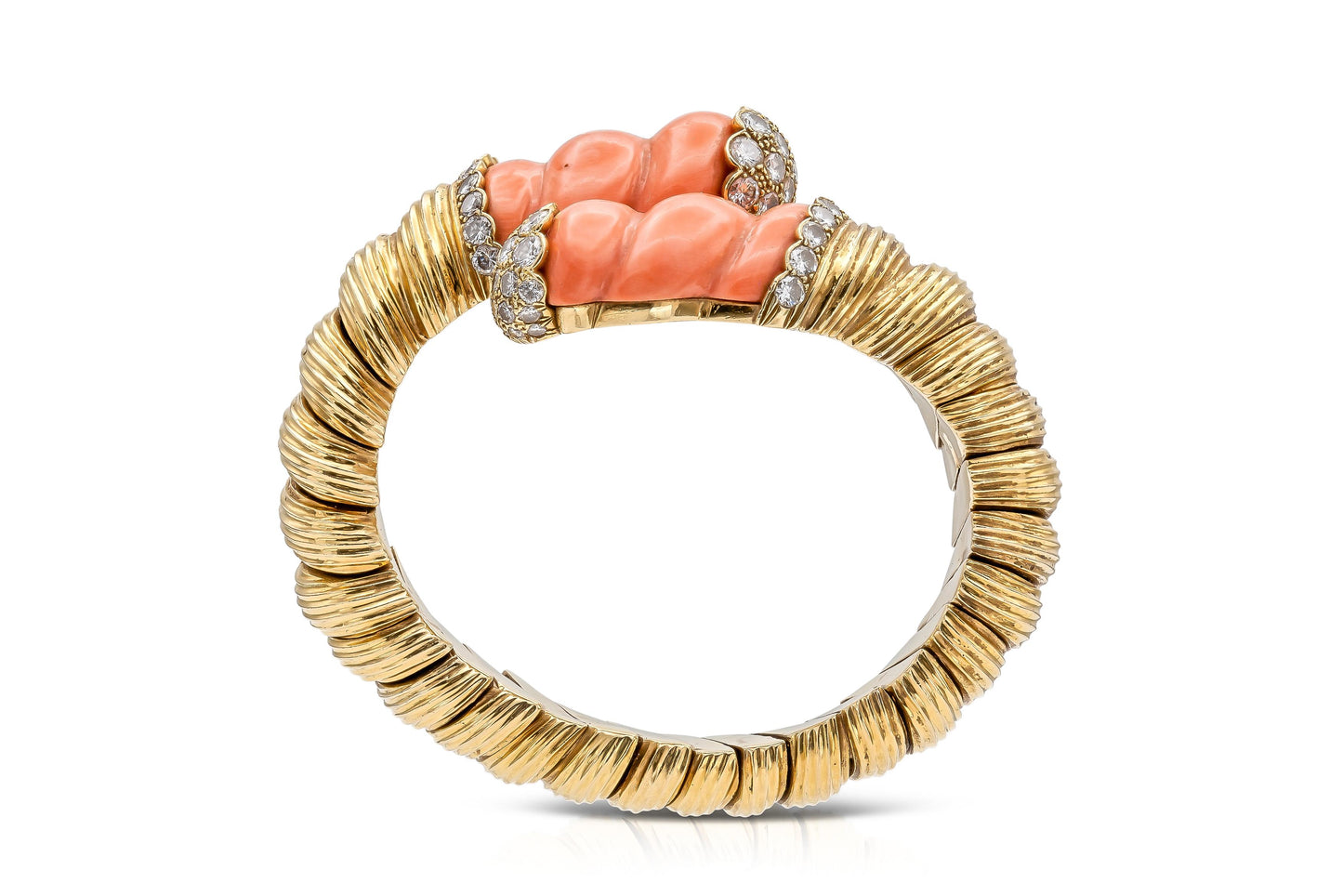 Vintage 1960s David Webb Carved Coral Diamonds and Gold Bypass Cuff Bracelet