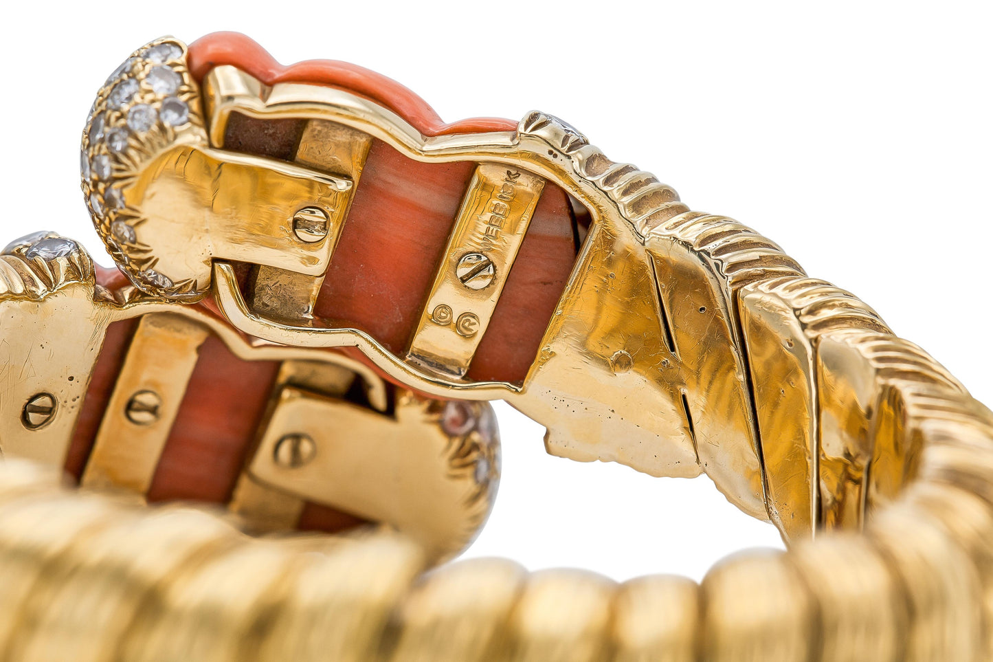 Vintage 1960s David Webb Carved Coral Diamonds and Gold Bypass Cuff Bracelet