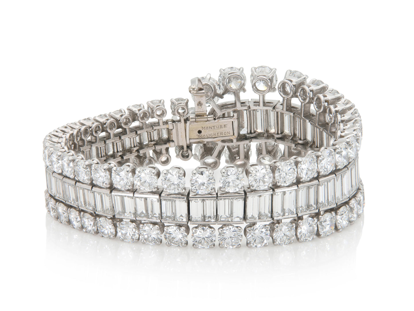 Vintage 1950s Boucheron 57.00 Carat Round and Baguette Diamonds Bracelet