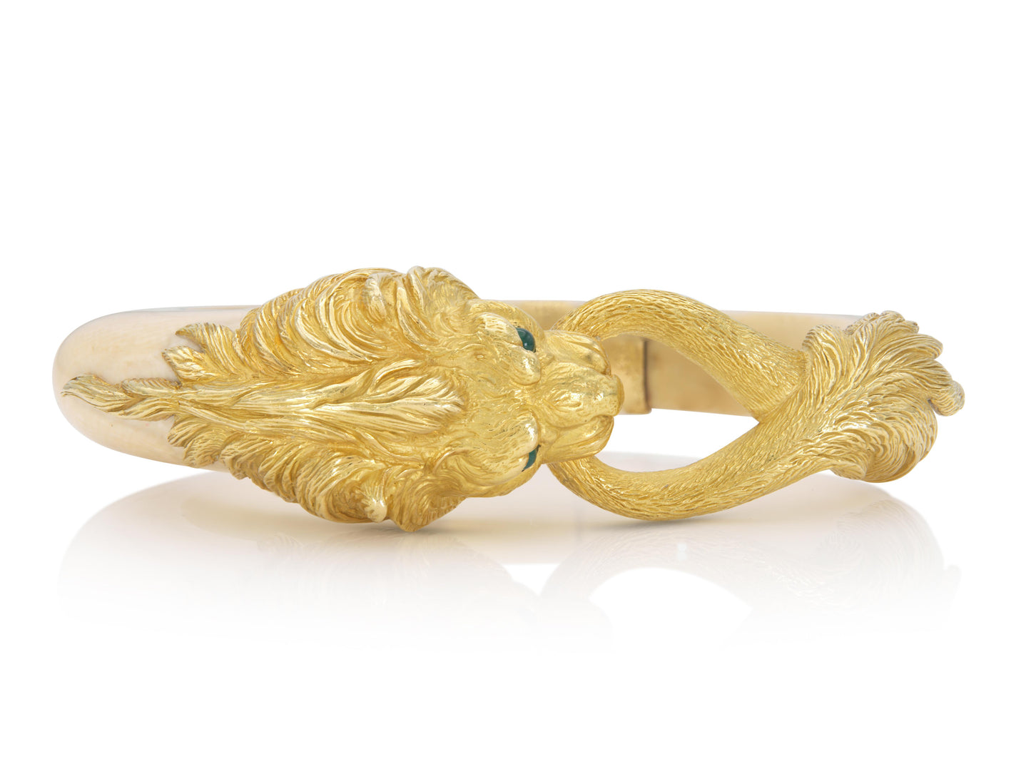 Vintage 1960s Gold & Bone Lion Bracelet with Emeralds