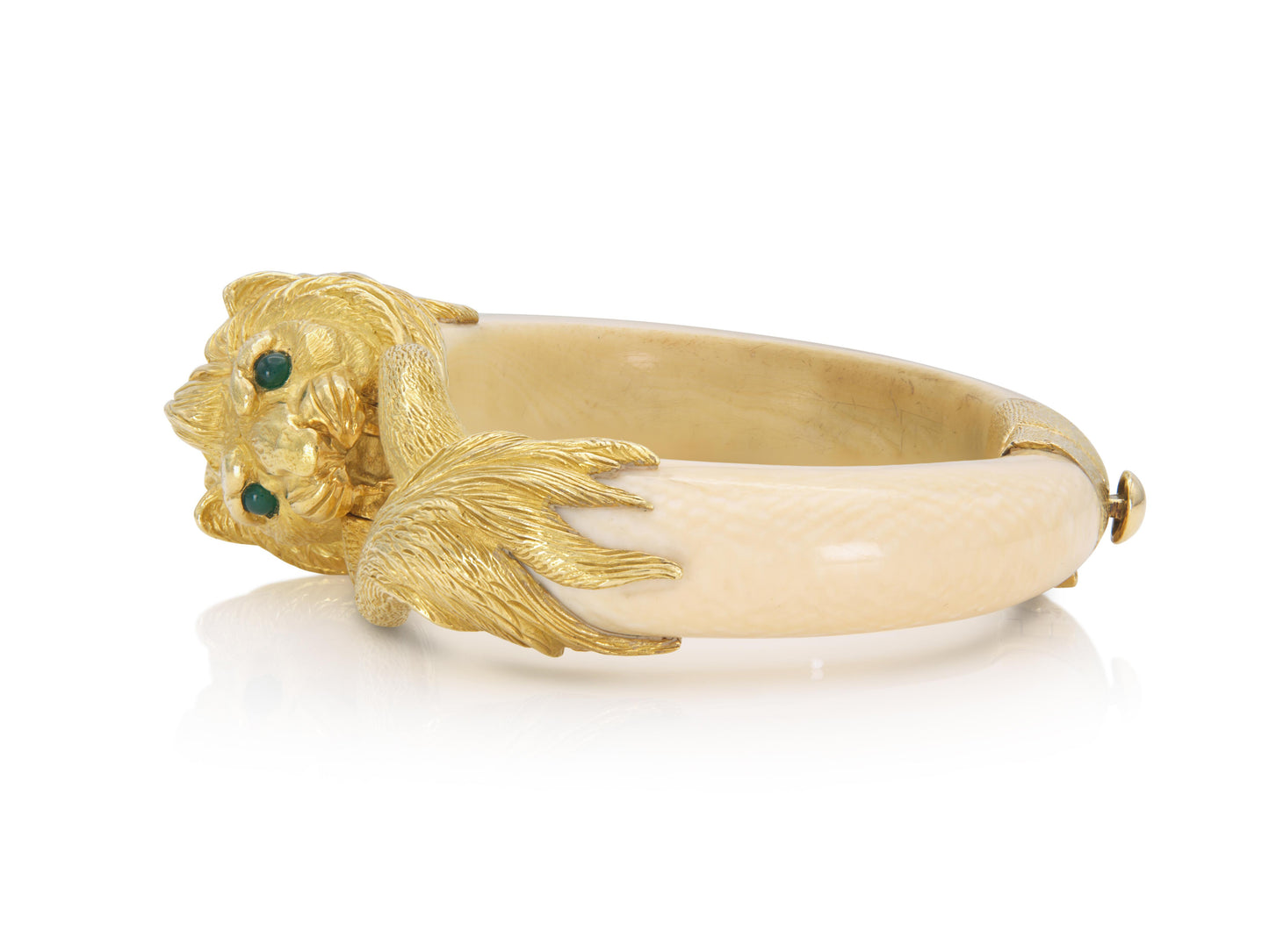 Vintage 1960s Gold & Bone Lion Bracelet with Emeralds