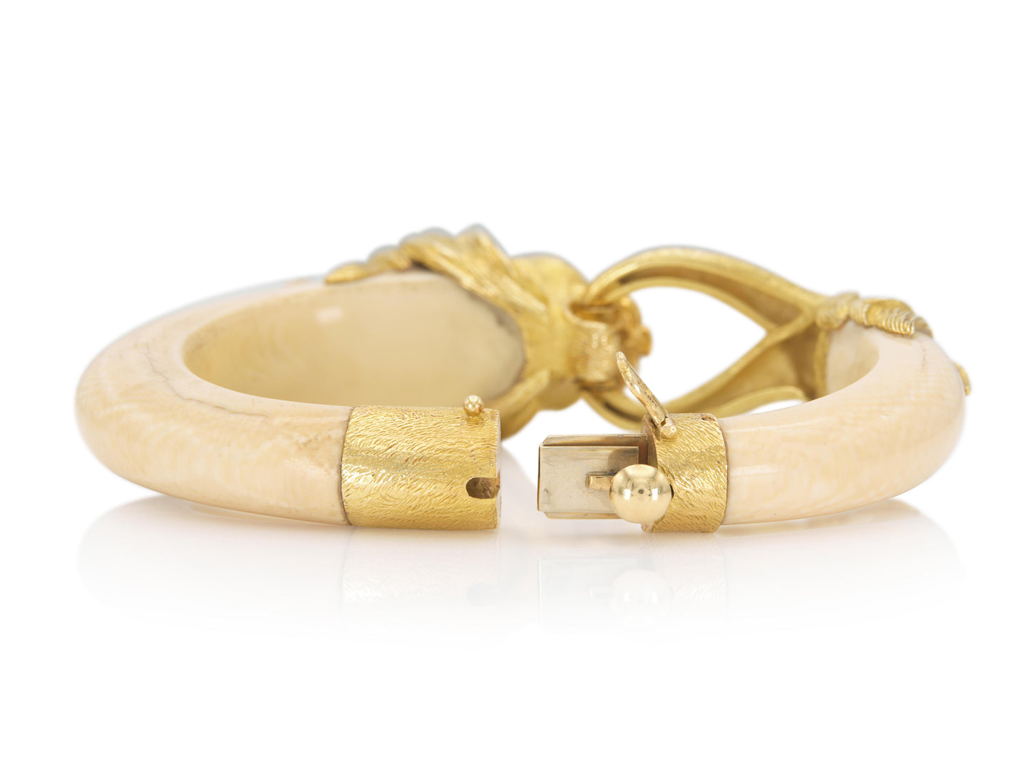 Vintage 1960s Gay Freres Gold & Bone Lion Bracelet with Emeralds