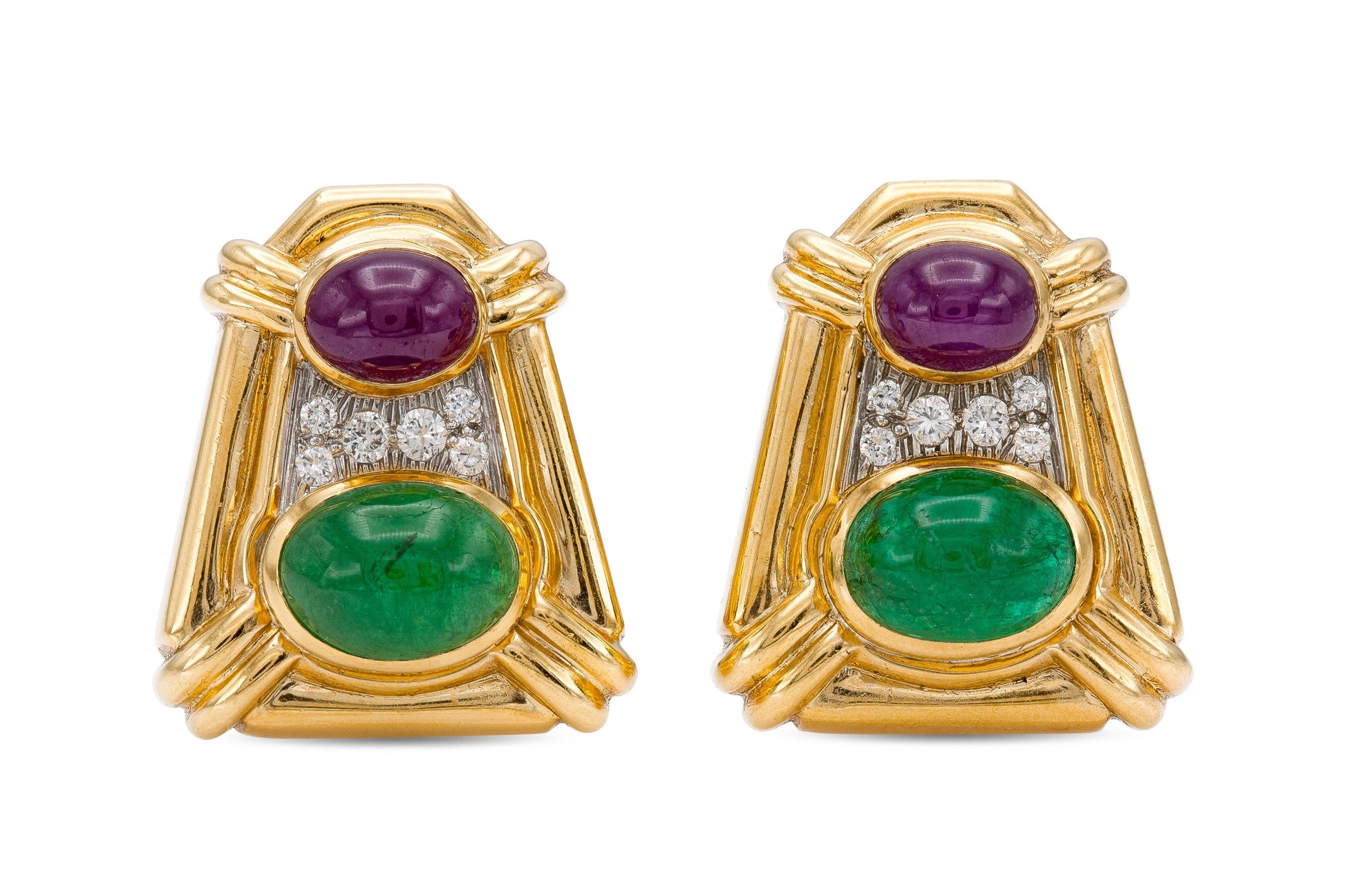 Vintage 1970s David Webb Cabochon Ruby and Emerald Earrings with Diamonds