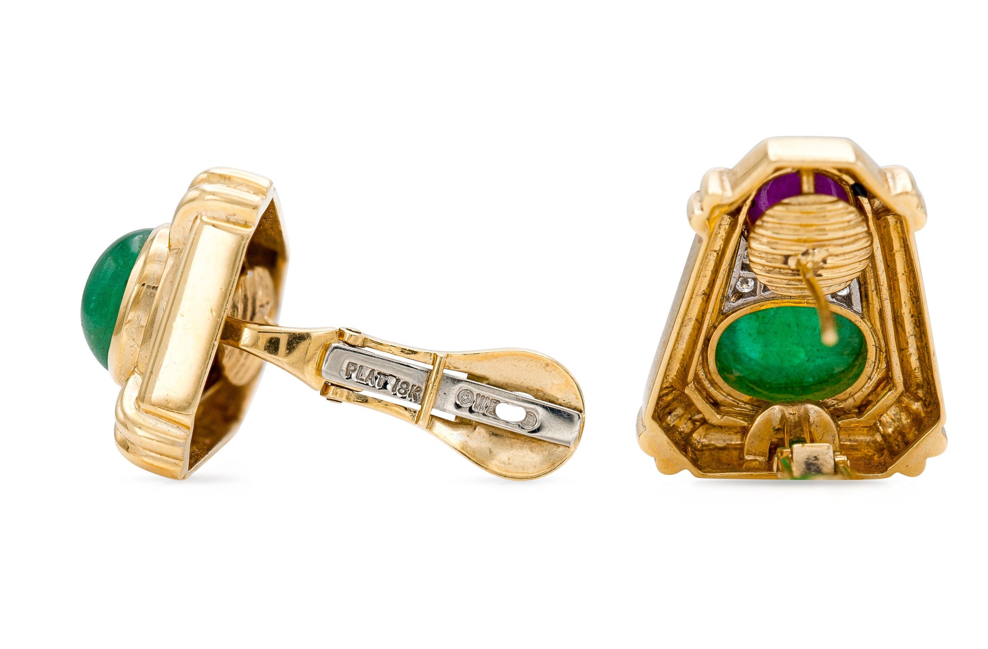 Vintage 1970s David Webb Cabochon Ruby and Emerald Earrings with Diamonds