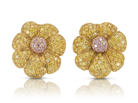 6.80 Carat Yellow and Pink Diamonds Flower Earrings