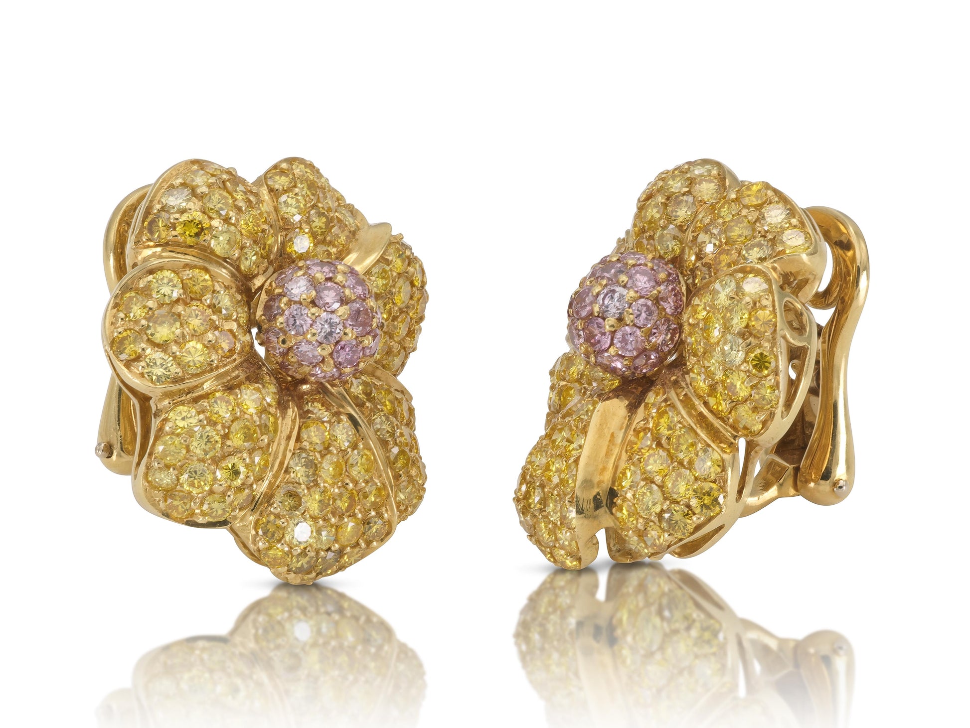 6.80 Carat Yellow and Pink Diamonds Flower Earrings
