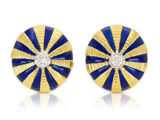 Gold, Enamel & Diamond Rayburst Earrings