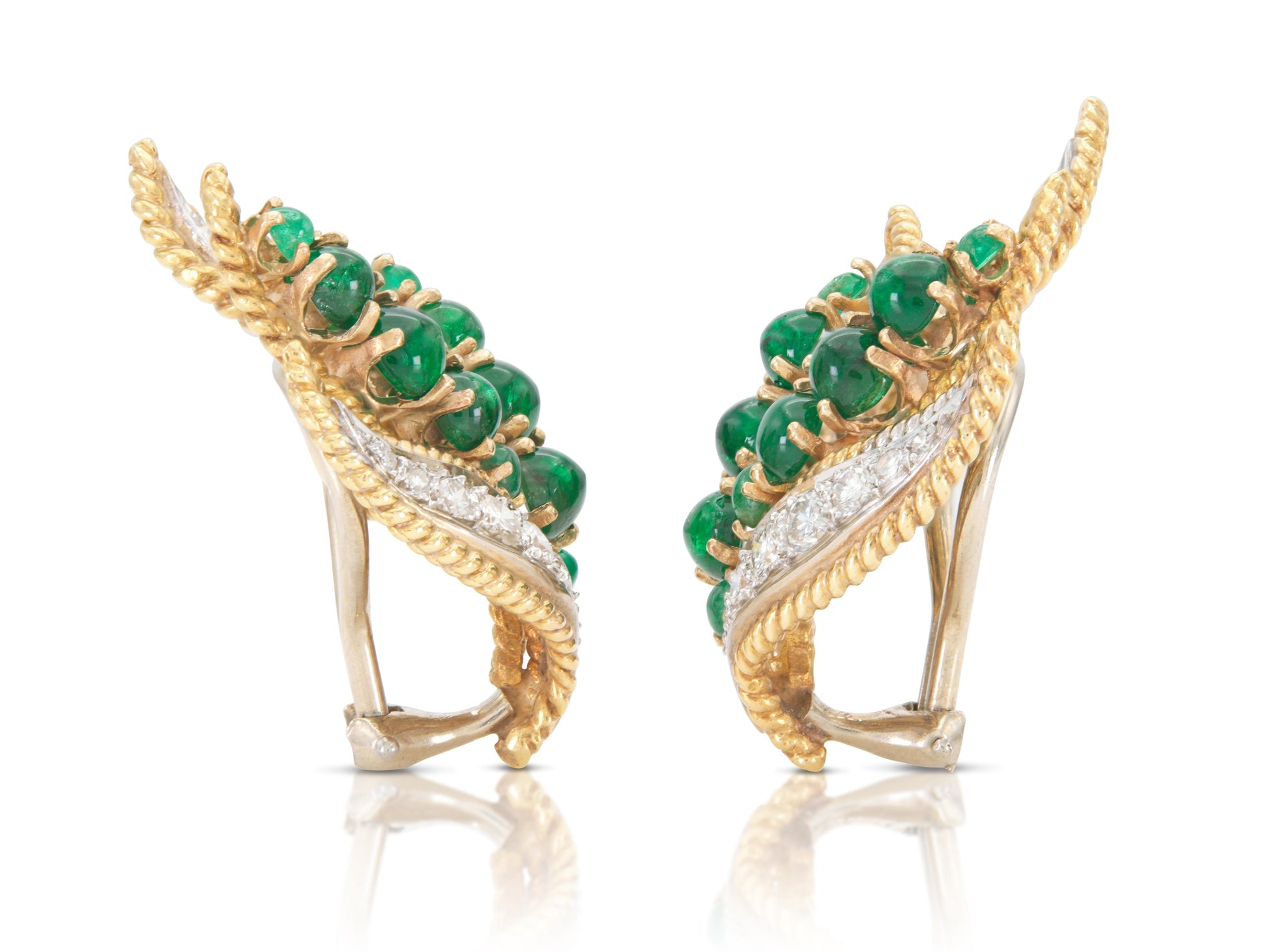 Vintage 1950s Emerald and Diamond Leaf Earrings