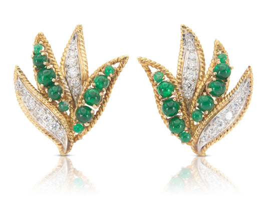 Vintage 1950s Emerald and Diamond Leaf Earrings