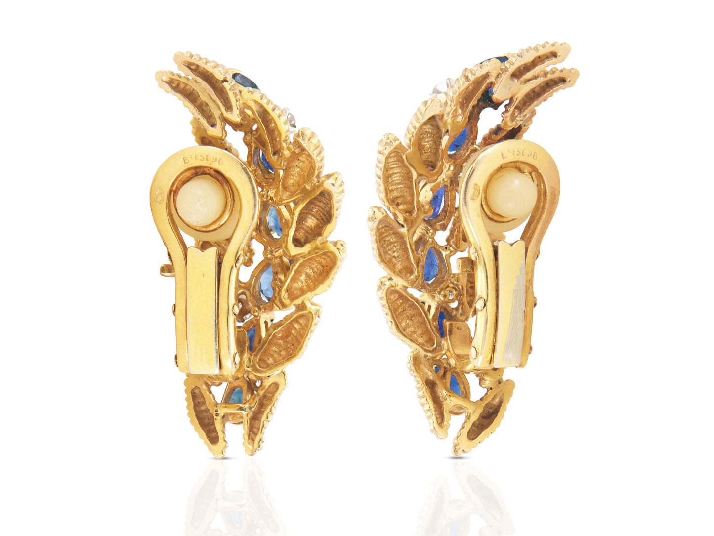 Vintage 1940s Retro Gold Feather Earrings with Sapphires and Diamonds