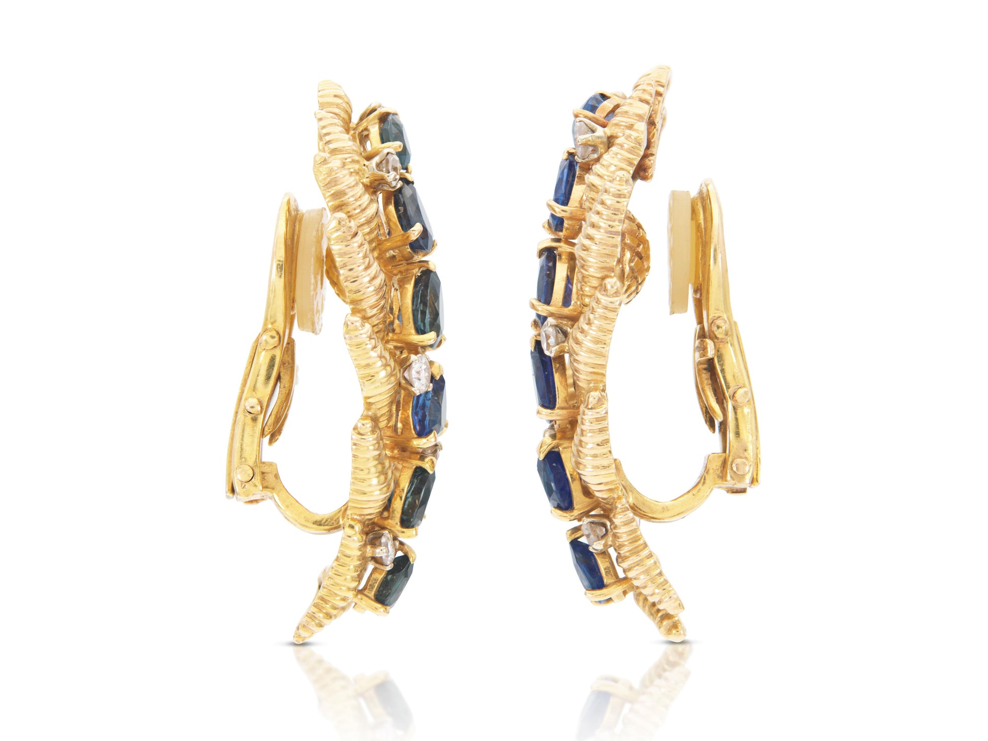 Vintage 1940s Retro Gold Feather Earrings with Sapphires and Diamonds