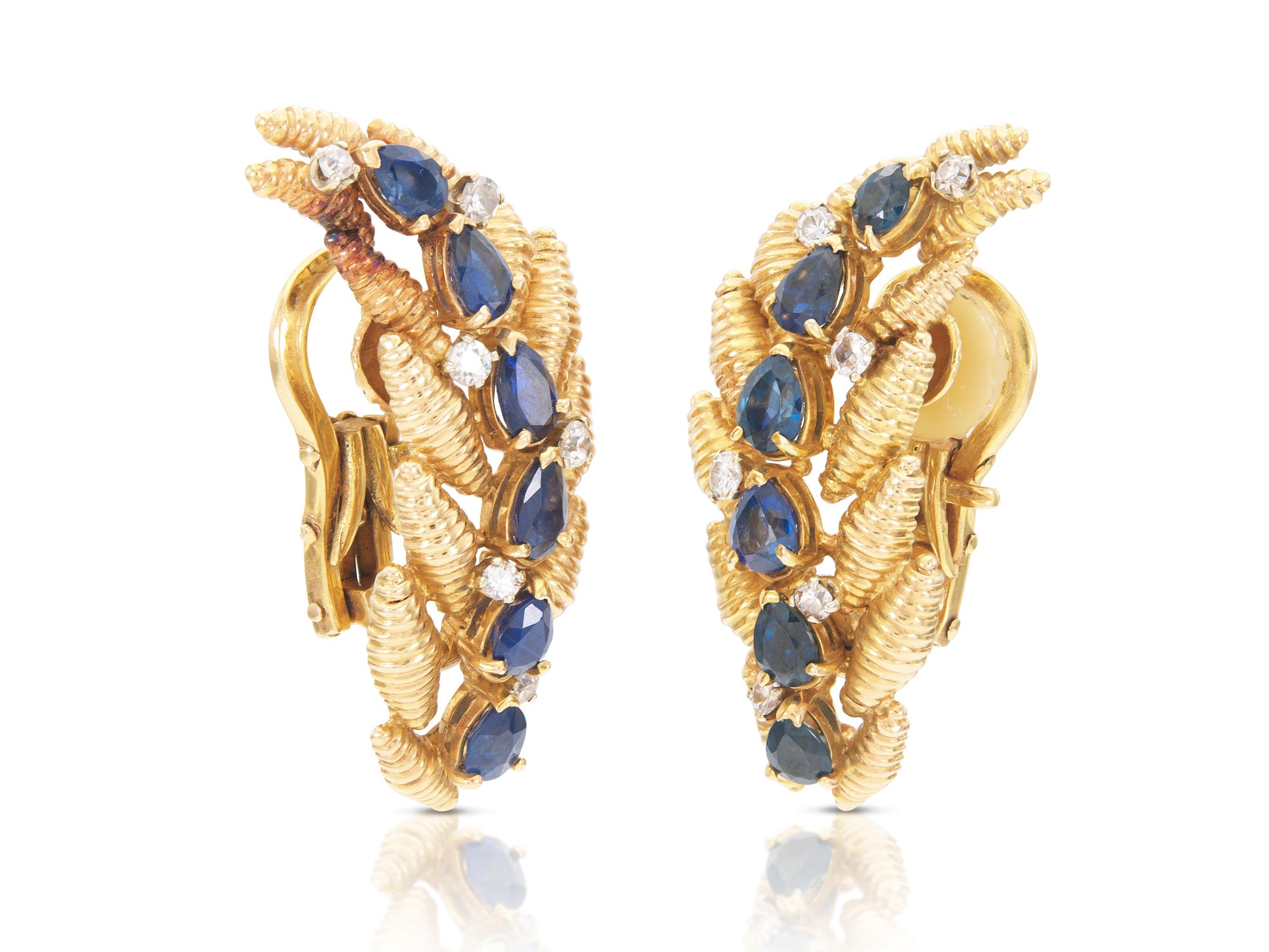 Vintage 1940s Retro Gold Feather Earrings with Sapphires and Diamonds