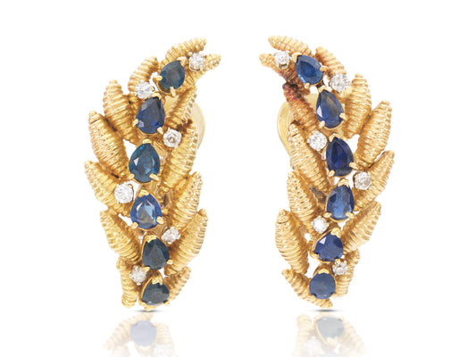Vintage 1940s Retro Gold Feather Earrings with Sapphires and Diamonds