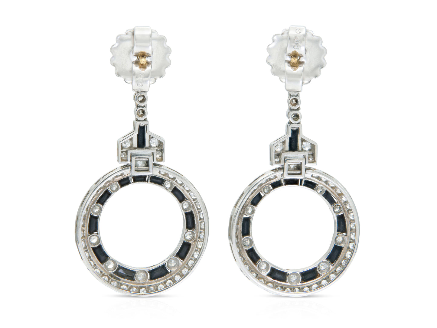 Antique Art Deco Onyx and Diamond Circle Dangle Earrings