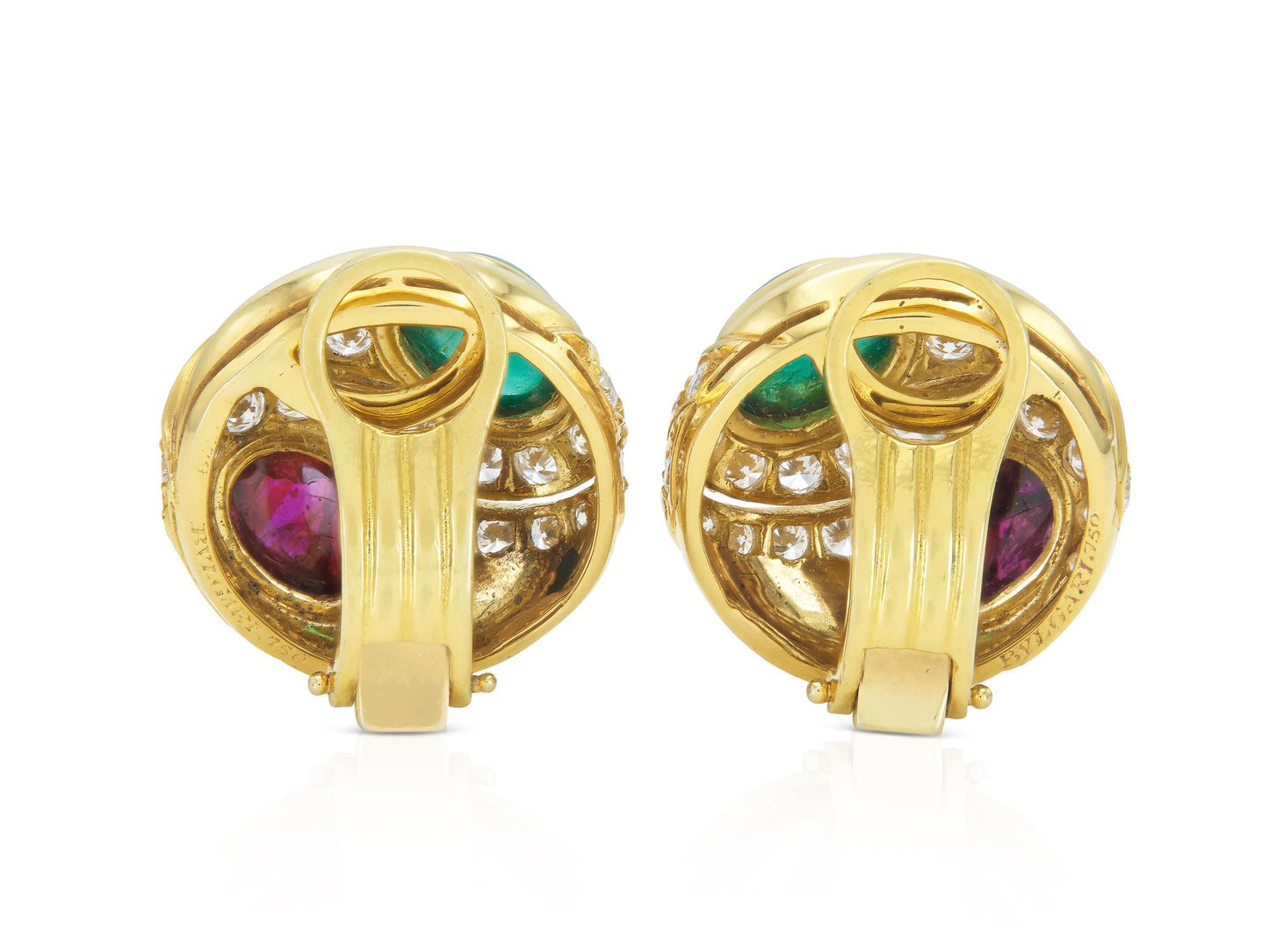 Vintage 1970s Bvlgari Cabochon Emerald and Ruby Earrings with Diamonds