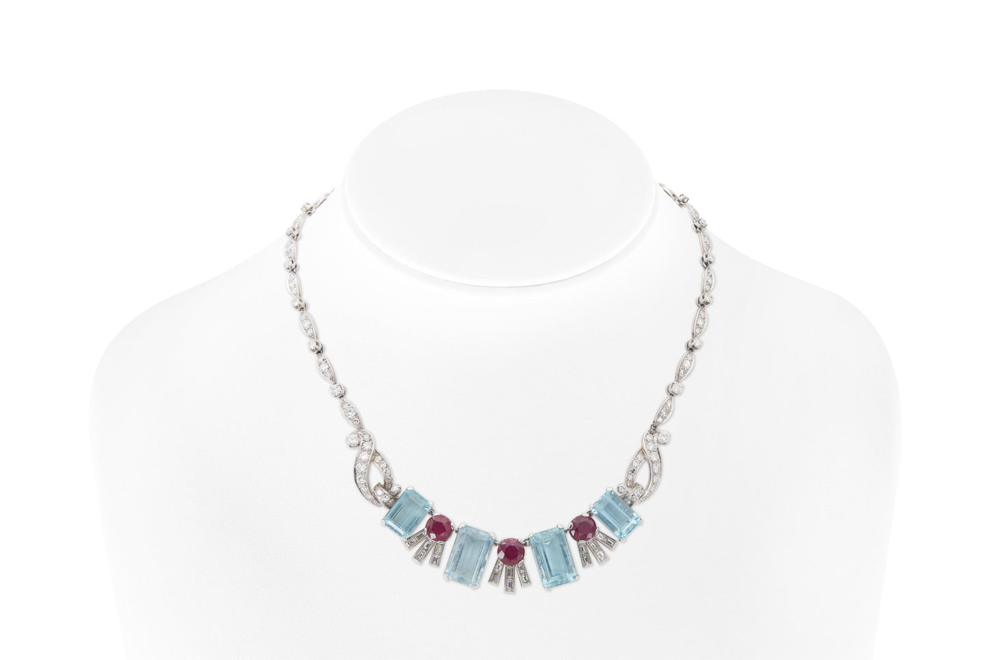 Vintage 1940s Retro Aquamarine, Ruby & Diamond Necklace