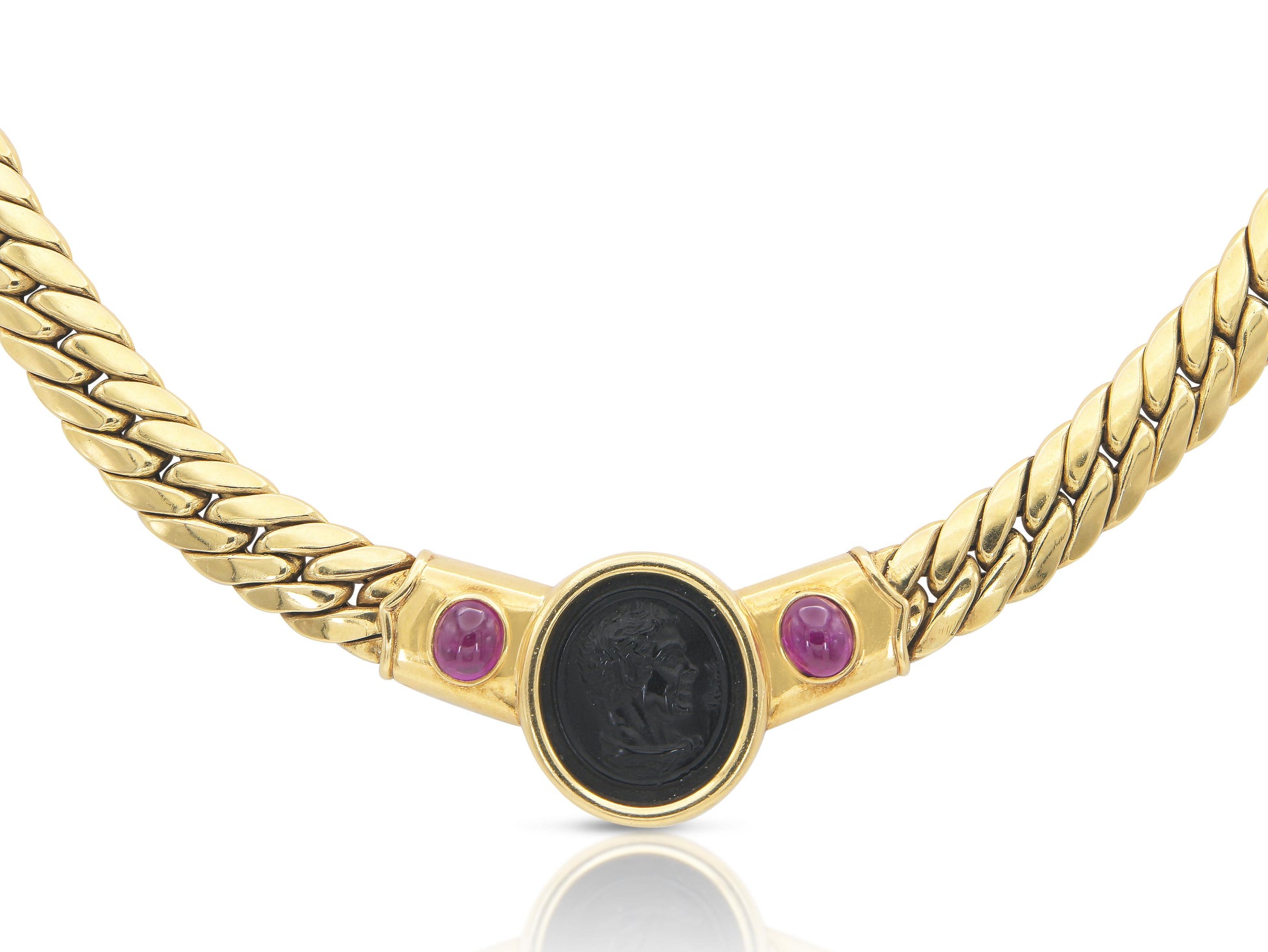 Vintage 1980s Onyx Cameo Gold Cuban Link Necklace with Rubies
