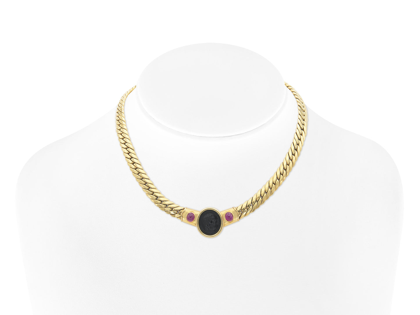 Vintage 1980s Onyx Cameo Gold Cuban Link Necklace with Rubies