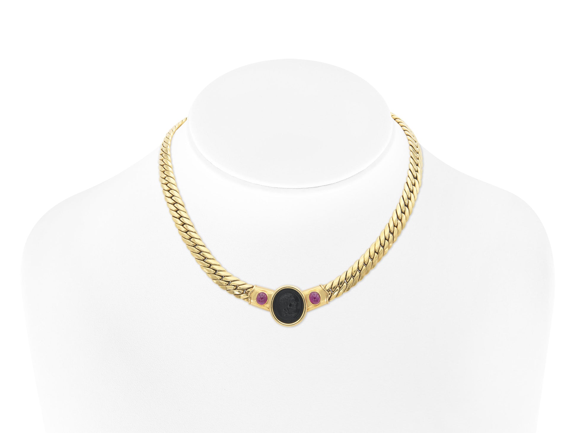 Vintage 1980s Onyx Cameo Gold Cuban Link Necklace with Rubies
